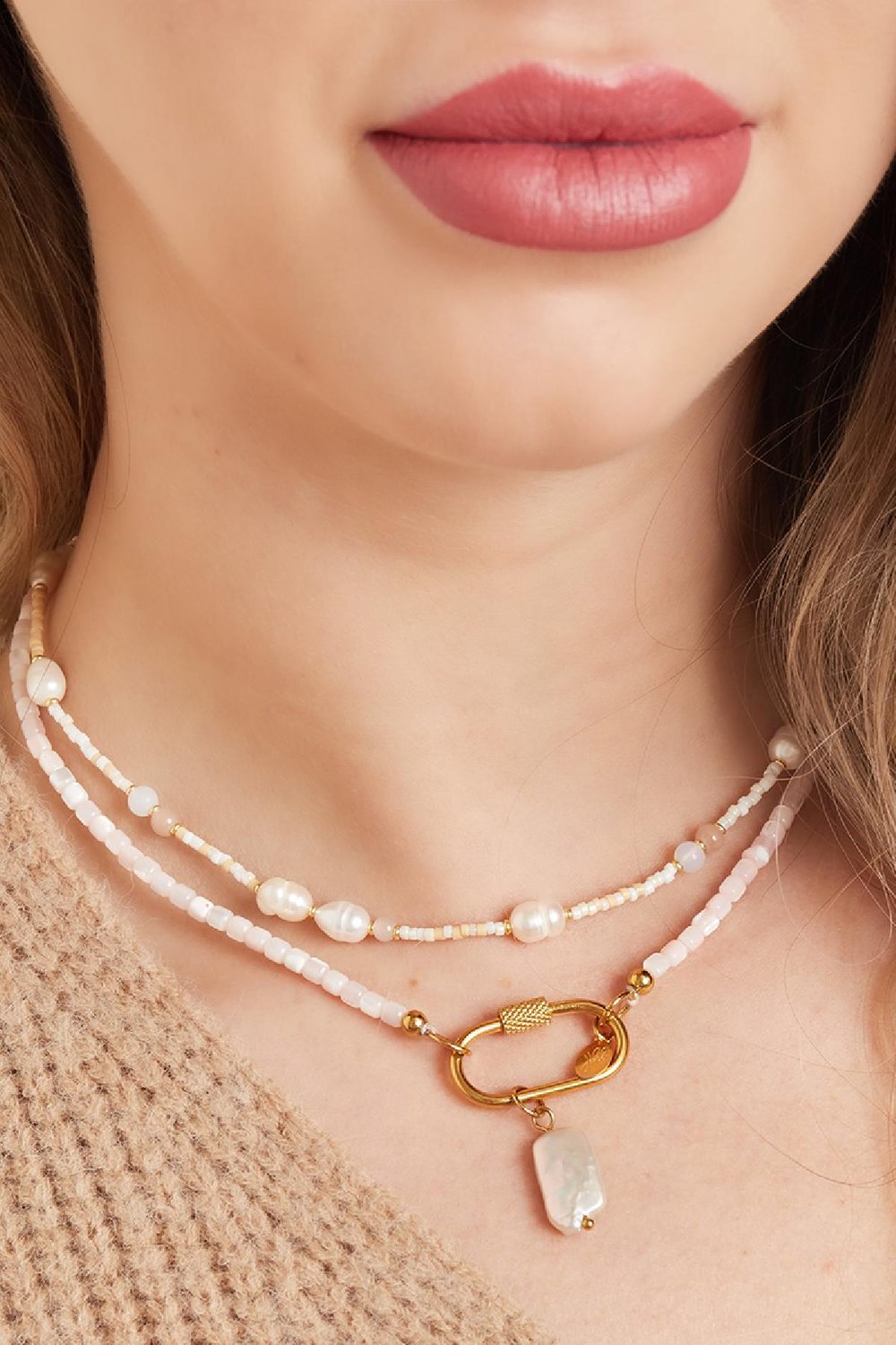 Collier perlé avec perles Rose Acier inoxydable h5Image3